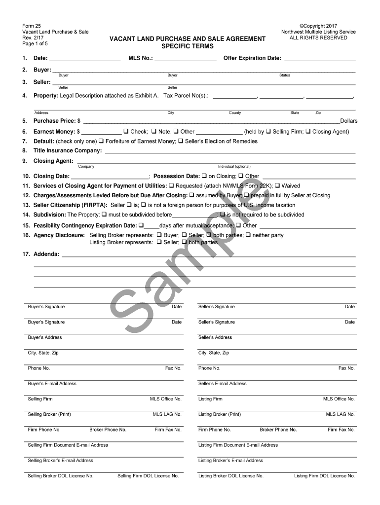 Washington State Vacant Land Purchase and Sale Agreement Form 25