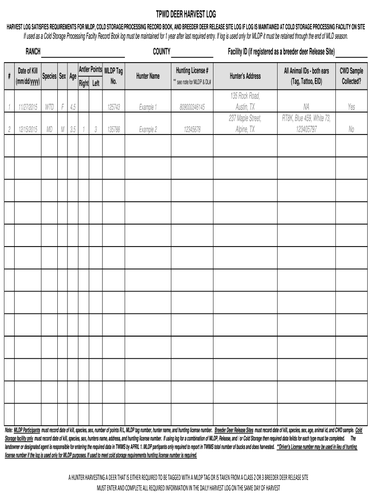 Deer Harvest Log Sheet  Form