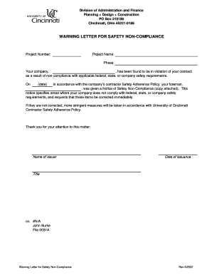 Warning Letter for Safety Non Compliance  Form