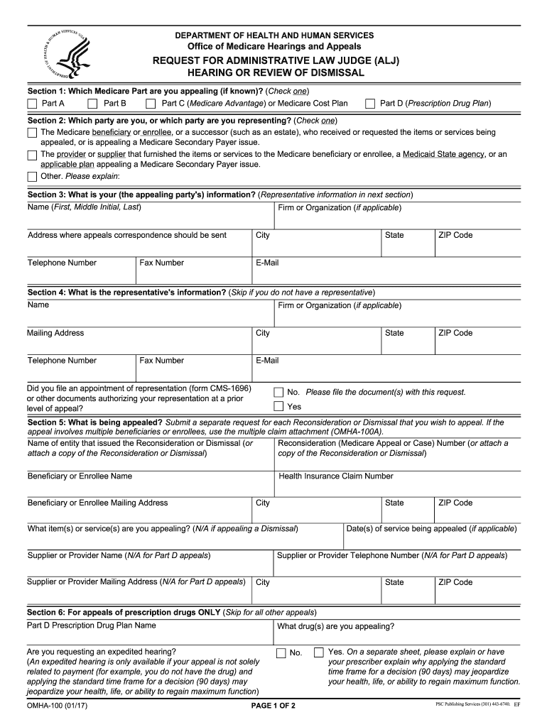  FORM OMHA 100 Request for Administrative Law Judge ALJ Hearing or Review of Dismissal  Hhs 2017