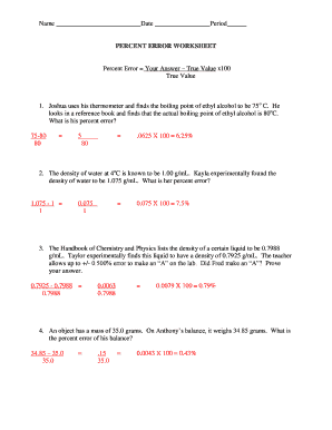 Percent Error Worksheet Answer Key  Form