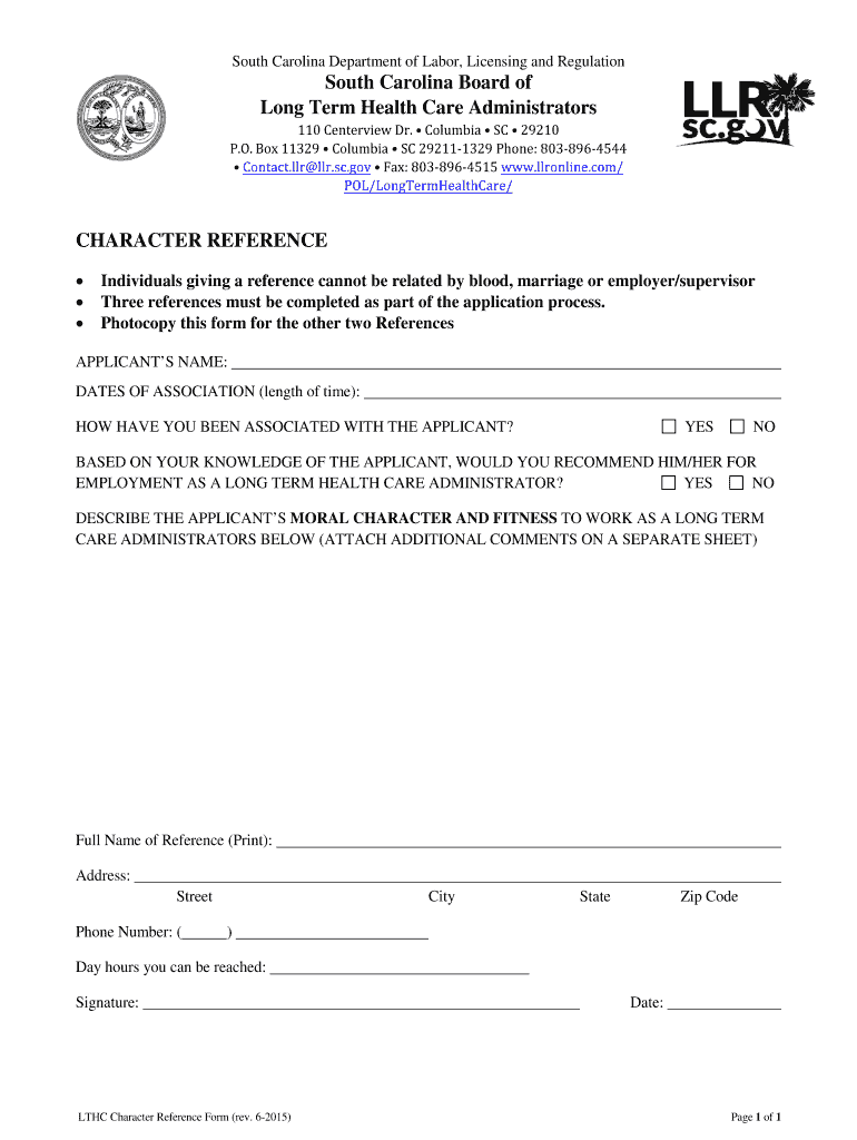  Character Reference Form  Llr Sc 2015