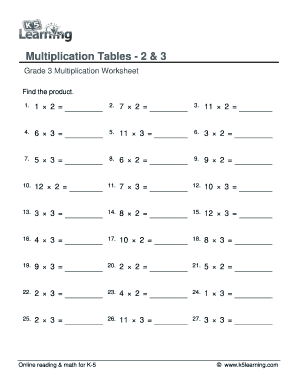 Multiplication Worksheet Grade 3  Form