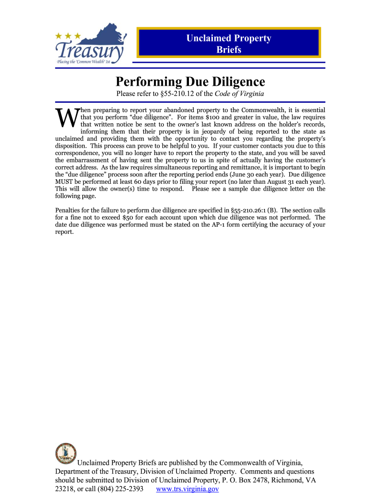 Virginia Unclaimed Property Due Diligence Letter  Form