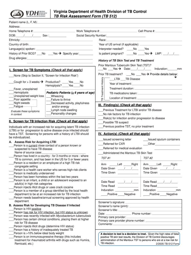  TB Risk Assessment Form Vdh Virginia 2016