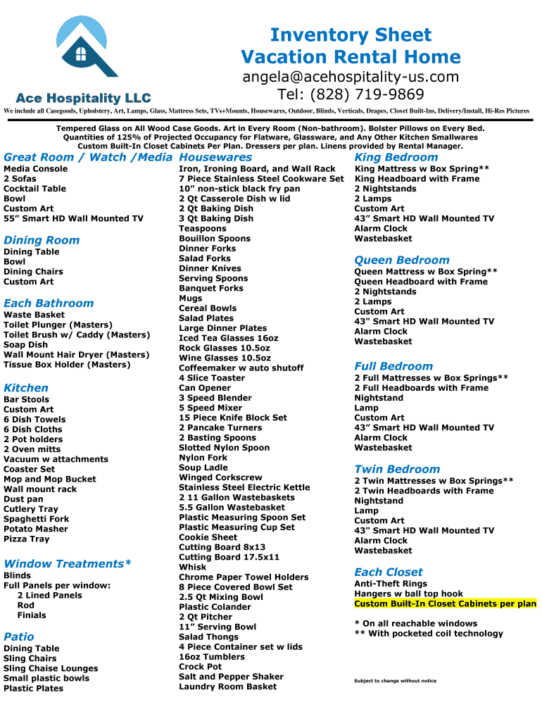 Inventory Sheet Vacation Rental Home Ace Hospitality  Form