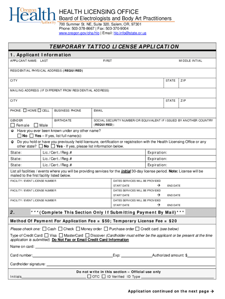 Oregon Temporary Tattoo License  Form