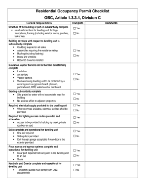 Certificate of Occupancy Checklist Residential  Form