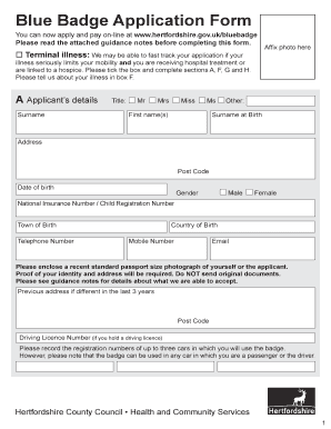 Hertfordshire Blue Badge Application  Form