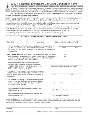  Transfer Entitlement Cal Grant Certification Form California Csac Ca 2013