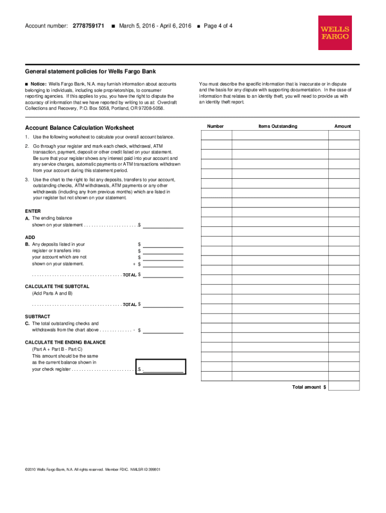 Wells Fargo Bank Statement PDF  Form