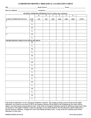 AUDIOMETER MONTHLY BIOLOGICAL CALIBRATION CHECK Dshs Texas  Form