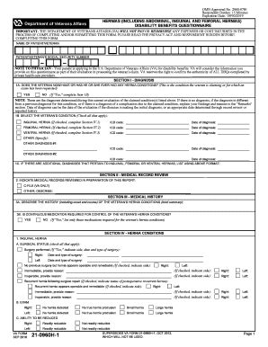 VA Form 21 0960H 1 HERNIAS INCLUDING ABDOMINAL, INGUINAL and FEMORAL HERNIAS DISABILITY BENEFITS QUESTIONNAIRE Vba Va