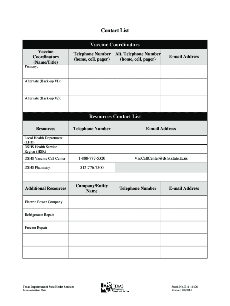  TVFC Vaccine Management Plan Templates Contains Contact List for Vaccine Coordinators, Routine Vaccine Storage and Handling Pla 2016