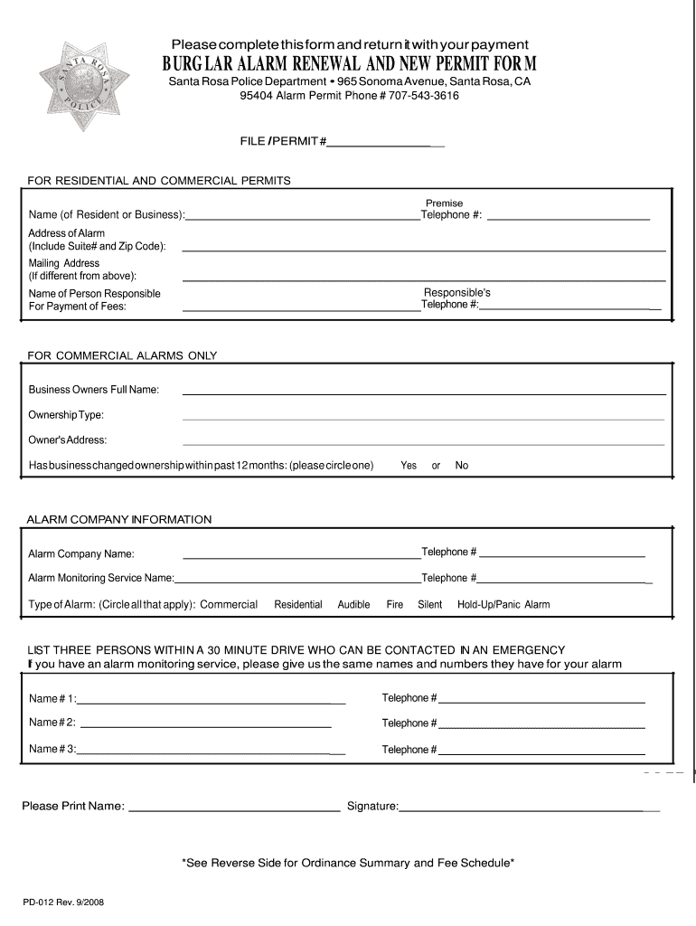 Burglar Alarm Renewal Permit  Form