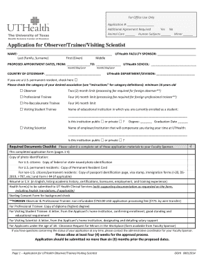 Get and Sign Instructions on Application for ObserverTraineeVisiting UTHealth 2014 Form
