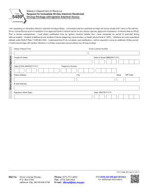 Form 5489 Request for Immediate 90 Day Interlock Restricted Dor Mo