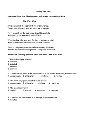 Poetry Unit Test Answer Key  Form