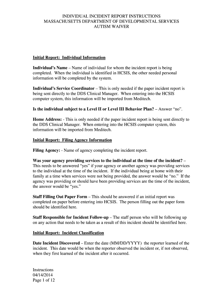 INDIVIDUAL INCIDENT REPORT INSTRUCTIONS Mass  Form