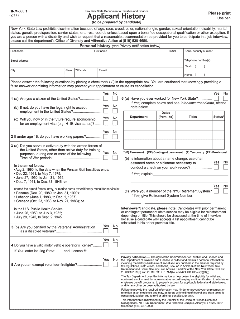  Form HRM 300 1, Applicant History Tax Ny 2017