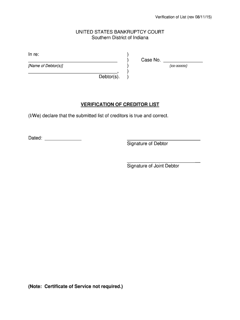 Verification of Creditor List  Form