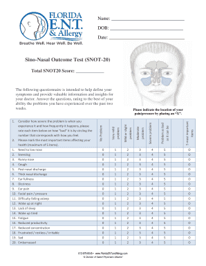 Sino Nasal Outcome Test SNOT 20 Florida E N T &amp; Allergy  Form