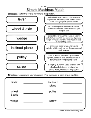 Simple Machines Worksheet PDF  Form