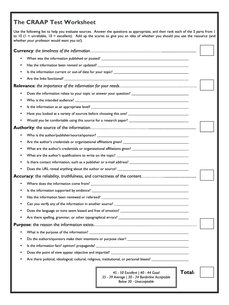 Craap Test Worksheet  Form