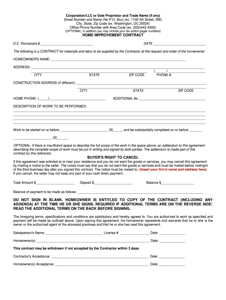 Home Improvement Contract Sample  Form