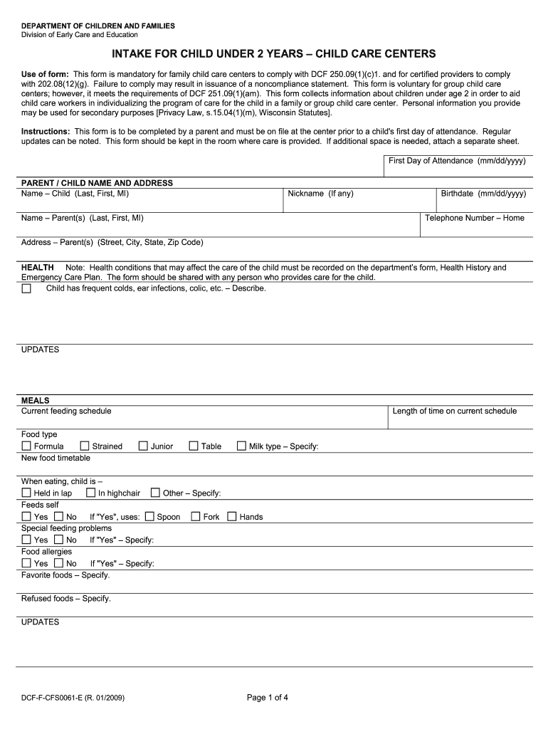  Dcf Wisconsin Gov Forms Intake for Child under 2 Years 2009