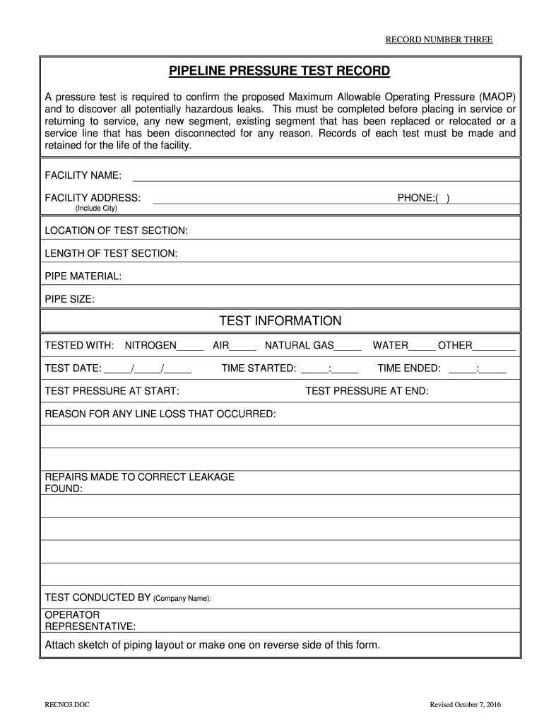 PIPELINE PRESSURE TEST RECORD TEST INFORMATION Azcc