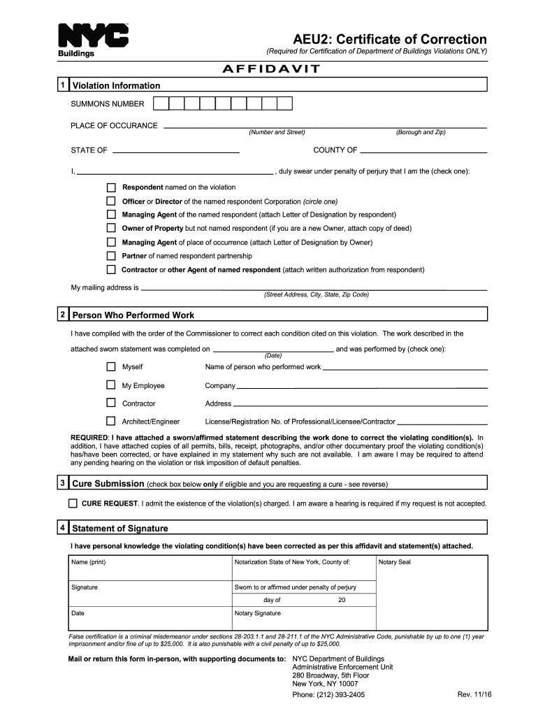 AEU2 Certificate of Correction NYC Gov  Form