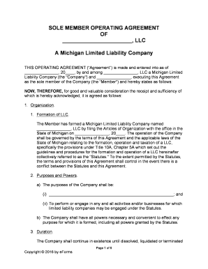 Single Member Llc Operating Agreement Michigan  Form