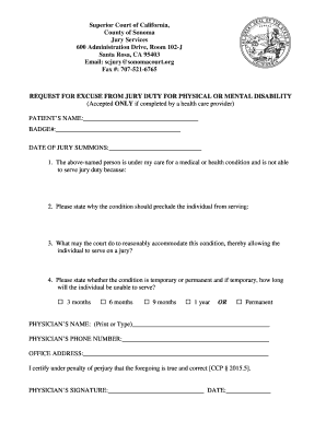 Court Request Excuse Jury Duty Physical  Form