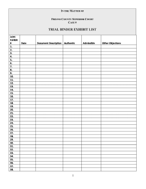 TRIAL BINDER EXHIBIT LIST Fresno Courts Ca  Form