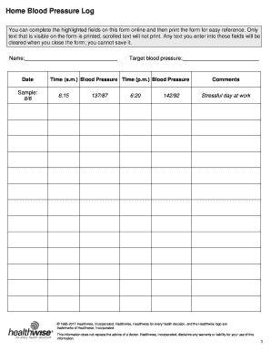 Home Blood Pressure Log Kaiser Permanente  Form