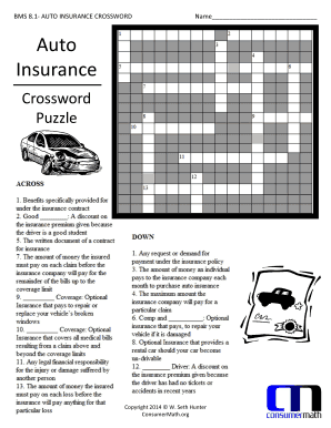 Auto Insurance Crossword Puzzle  Form