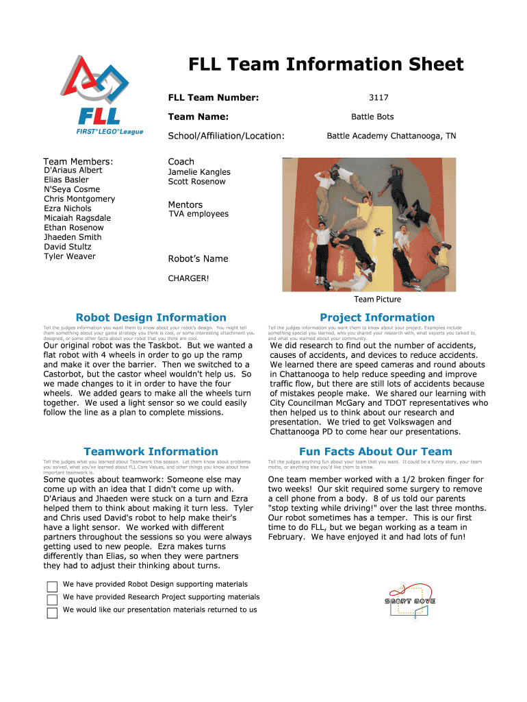 Fll Team Information Sheet