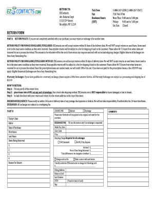 Ezcontacts Return Policy  Form