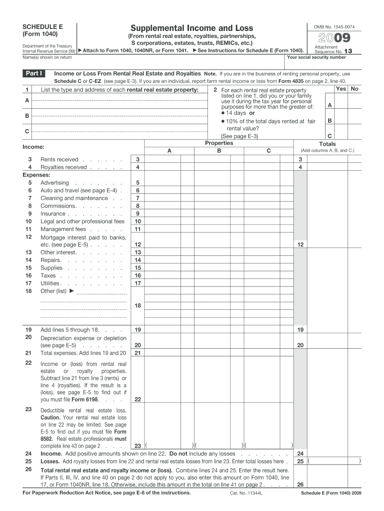  Schedule E Form 2009