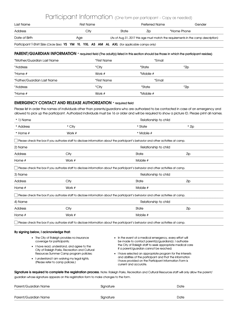Camp Registration Forms Raleighnc