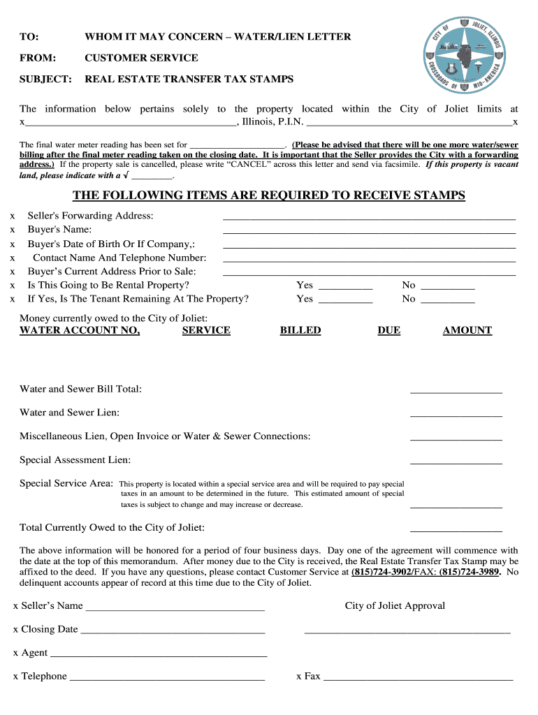 City of Joliet Water Lien Letter  Form