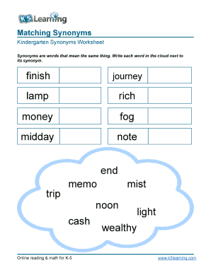 Synonyms for Kindergarten Worksheets  Form