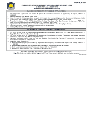 Checklist of Requirements for Pag Ibig Housing Loan  Form