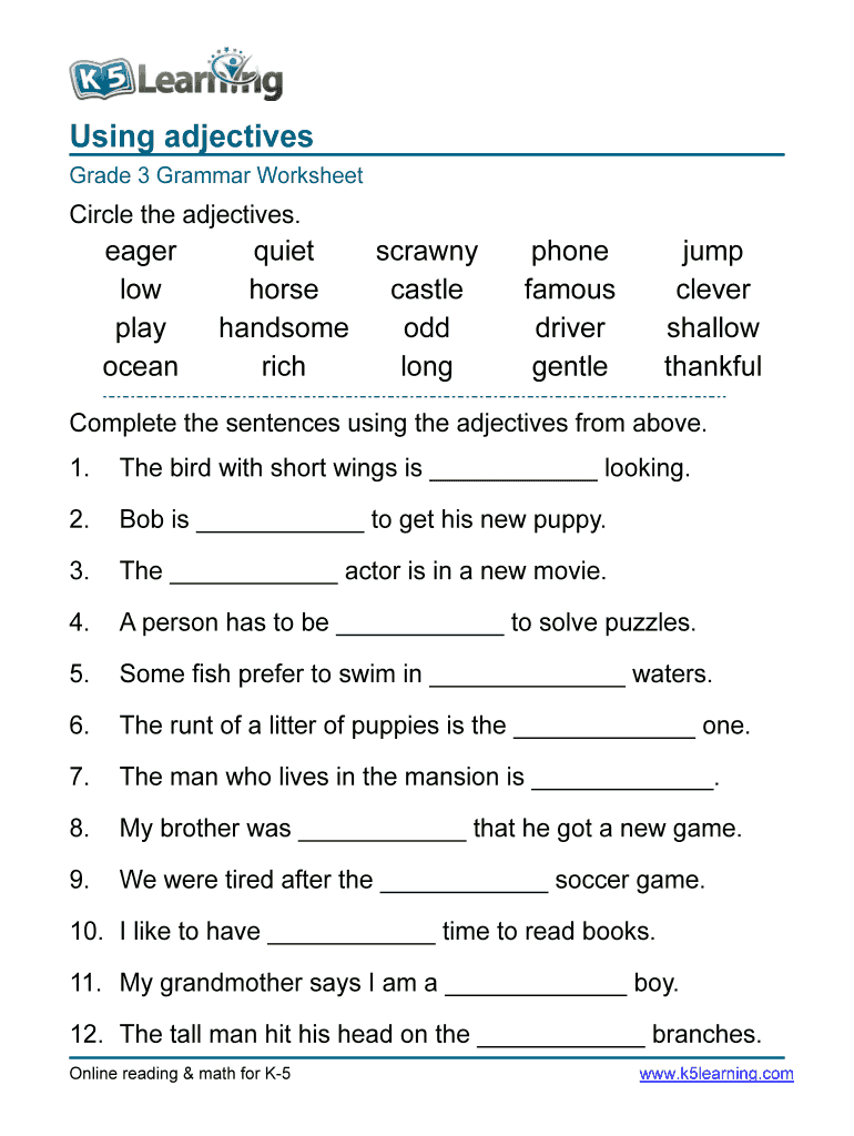 Printable Worksheets on Adjectives  Form