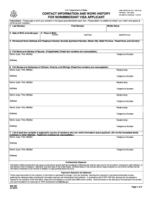 DS 158 Contact Information and Work History for Nonimmigrant Visa