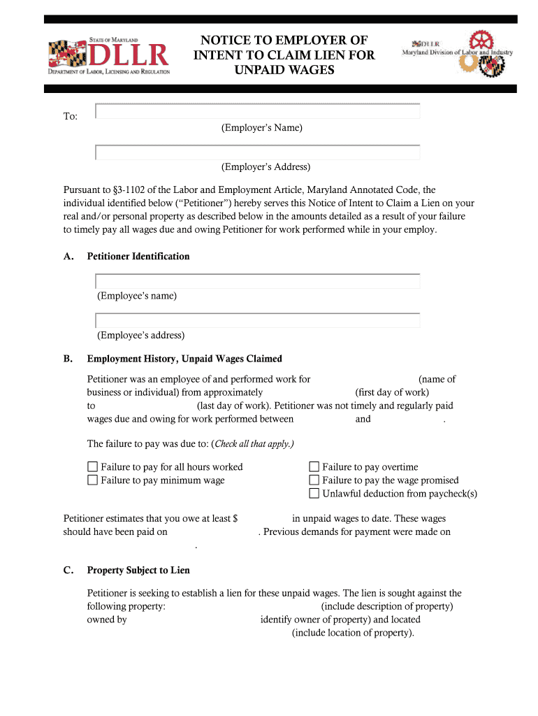 Notice to Employer of Intent to Claim Lien for Unpaid Wages Dllr Maryland Form