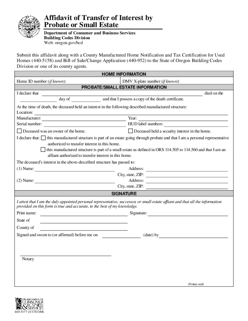  Fillable Affidavit of Transfer of Interest by Probate or Small Estate 2017-2024