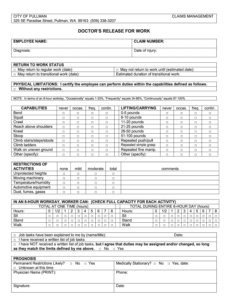 Doctor's Release for Work  Form