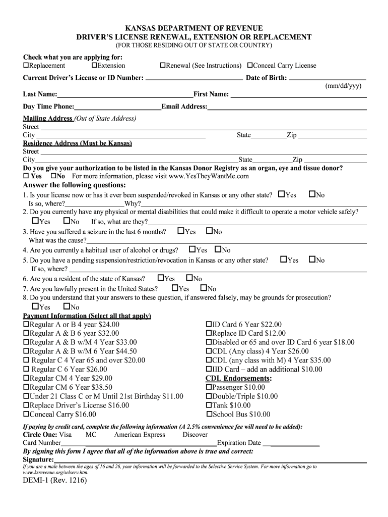  the Fillable Form DEMI 1  Kansas Department of Revenue  Ksrevenue 2016